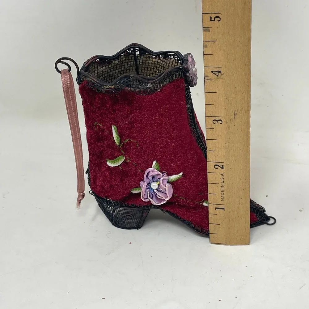 Vintage Victorian Style Burgundy Velvet Wire Mesh Boot Ornament Ribbon Flower